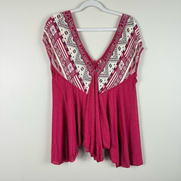 Free People Top Womens Small Deep V-Neck Flowy Floral Boho Red Pink Oversized - Picture 1 of 6